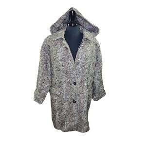 Vintage The Jackset Wool Coat Hooded Black Brown Made In Poland 80s